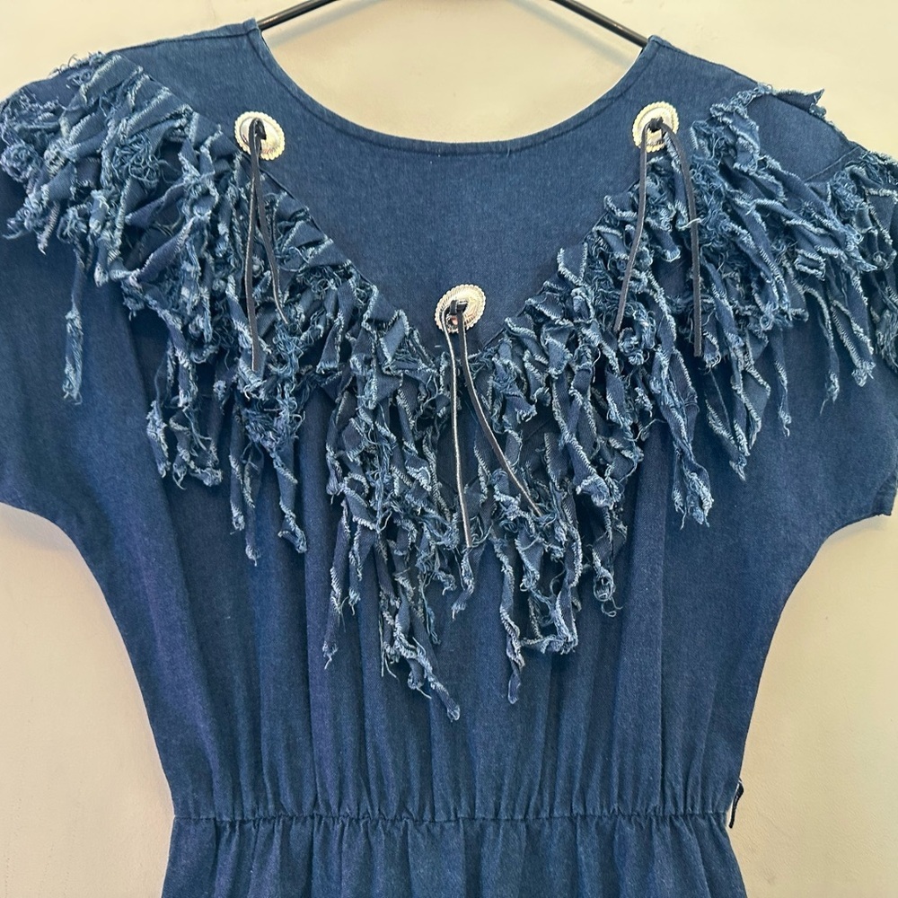 Vintage 80’s/90’s Circle T Denim Cowgirl Dress with Fringe/Stud Detailing Size S - Picture 4 of 8